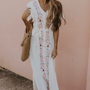 Roolee White Maxi Dress with Pink Floral Embroidery